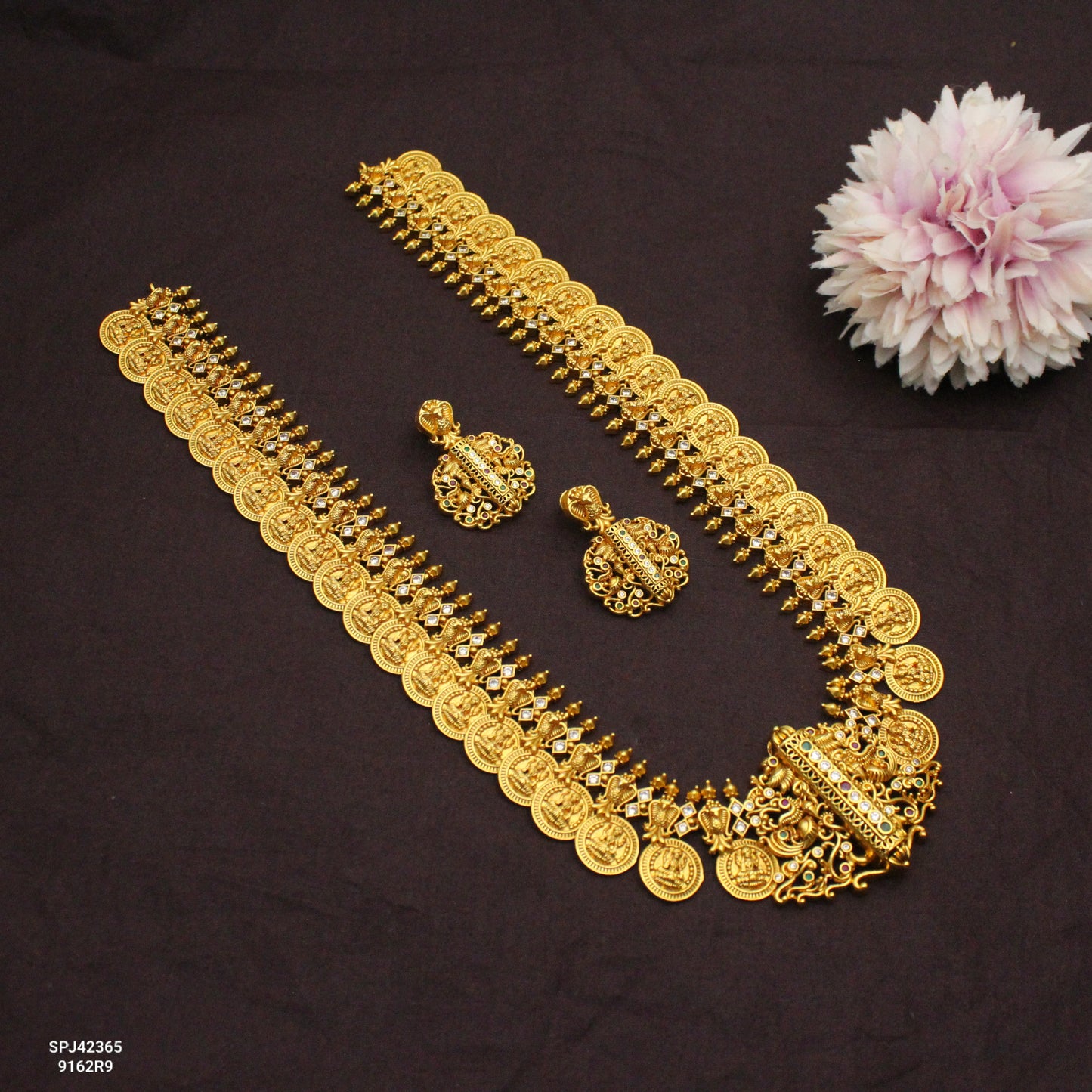 42365 Nakshi Kasula Mala Long Necklace Set With Screw Back Earrings