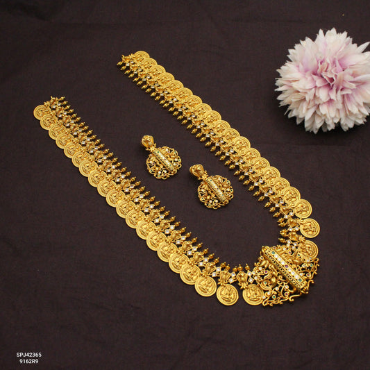 42365 Nakshi Kasula Mala Long Necklace Set With Screw Back Earrings