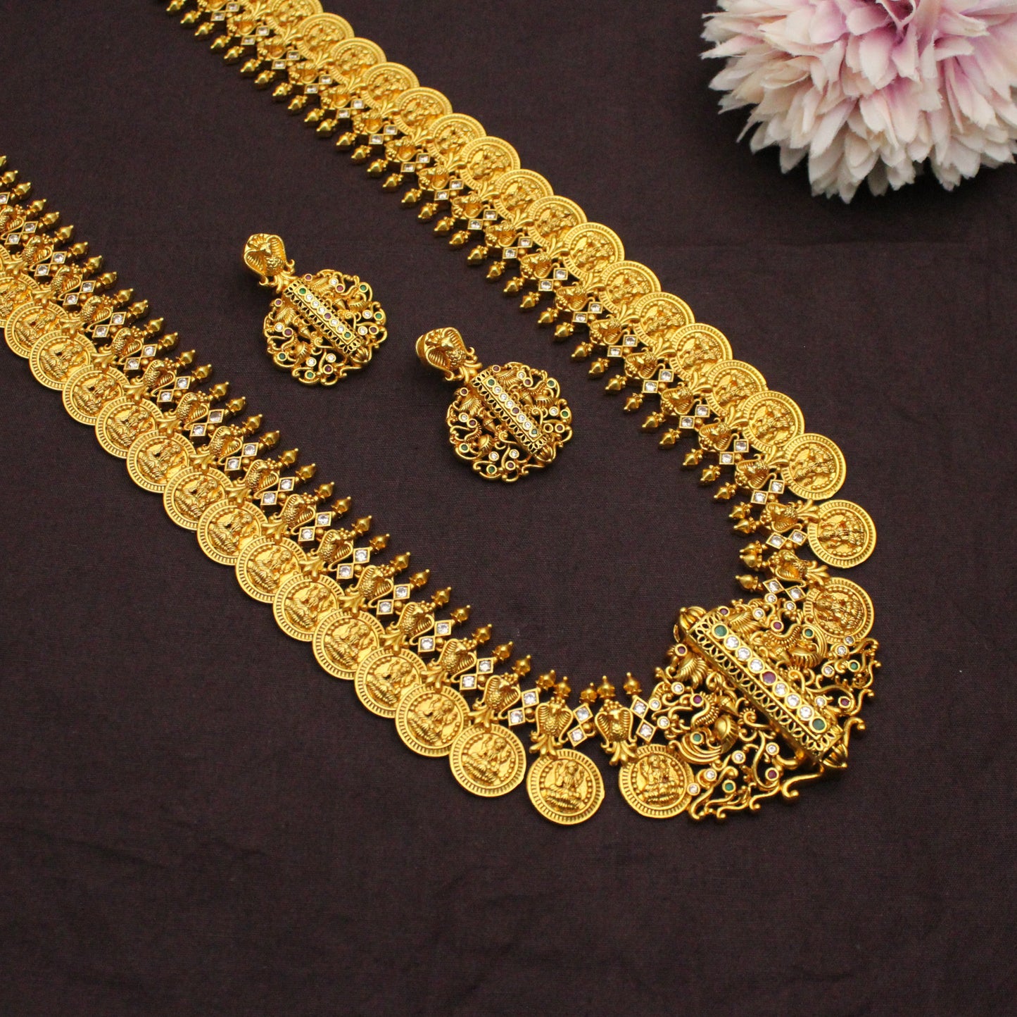 42365 Nakshi Kasula Mala Long Necklace Set With Screw Back Earrings