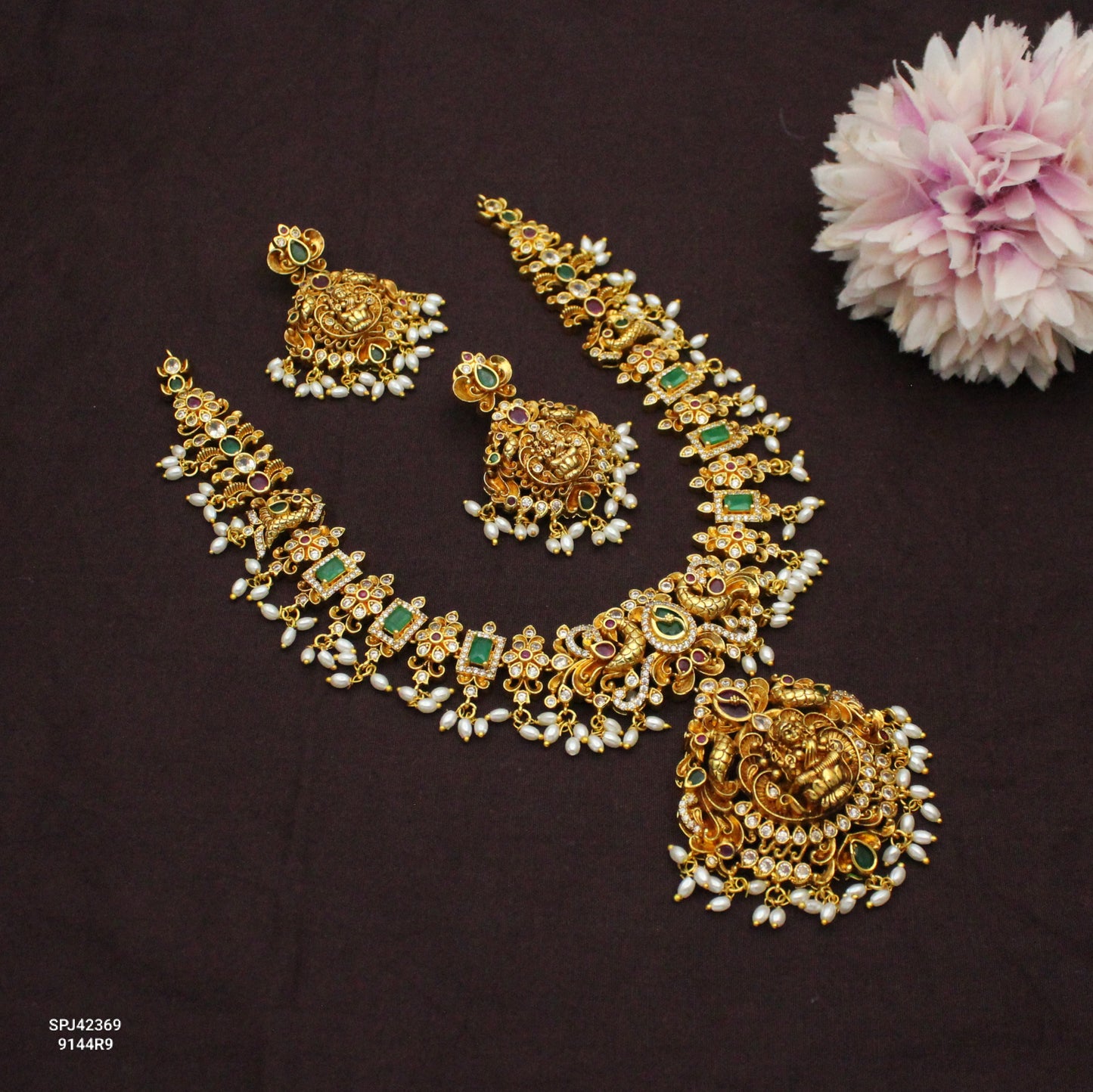 42369 Nakshi Laxmi Peacock Short Necklace With Screw Back Earrings