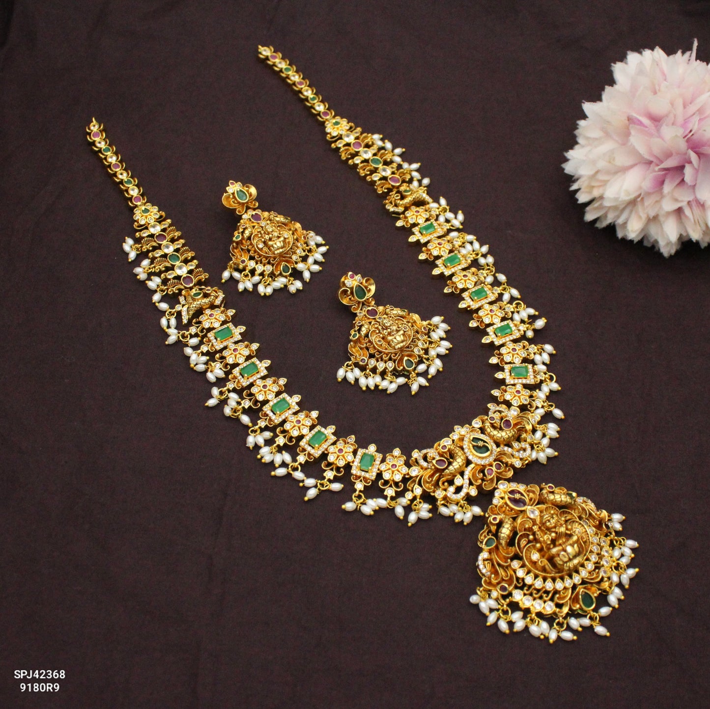 42368 Nakshi Laxmi Peacock Long Necklace Set With Screw Back Earrings