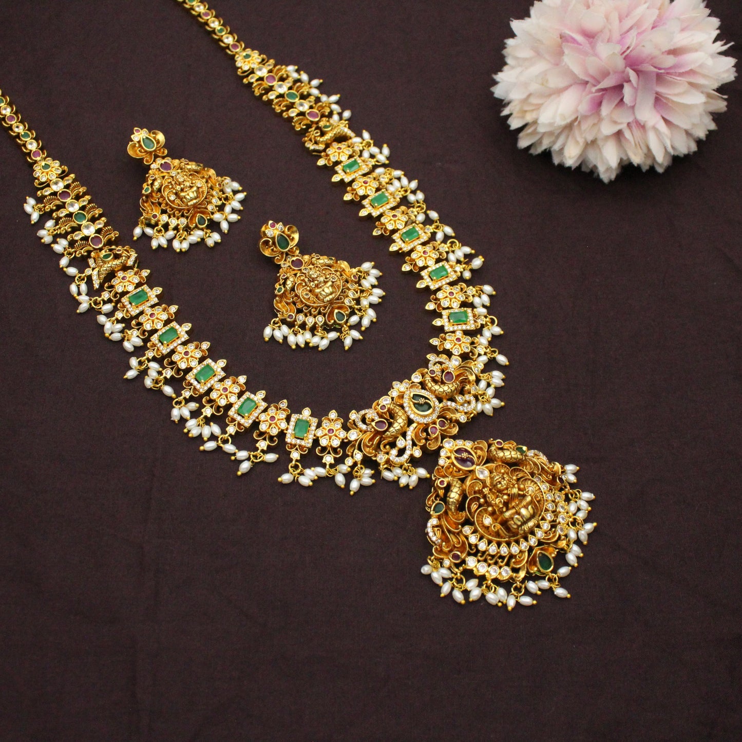 42368 Nakshi Laxmi Peacock Long Necklace Set With Screw Back Earrings