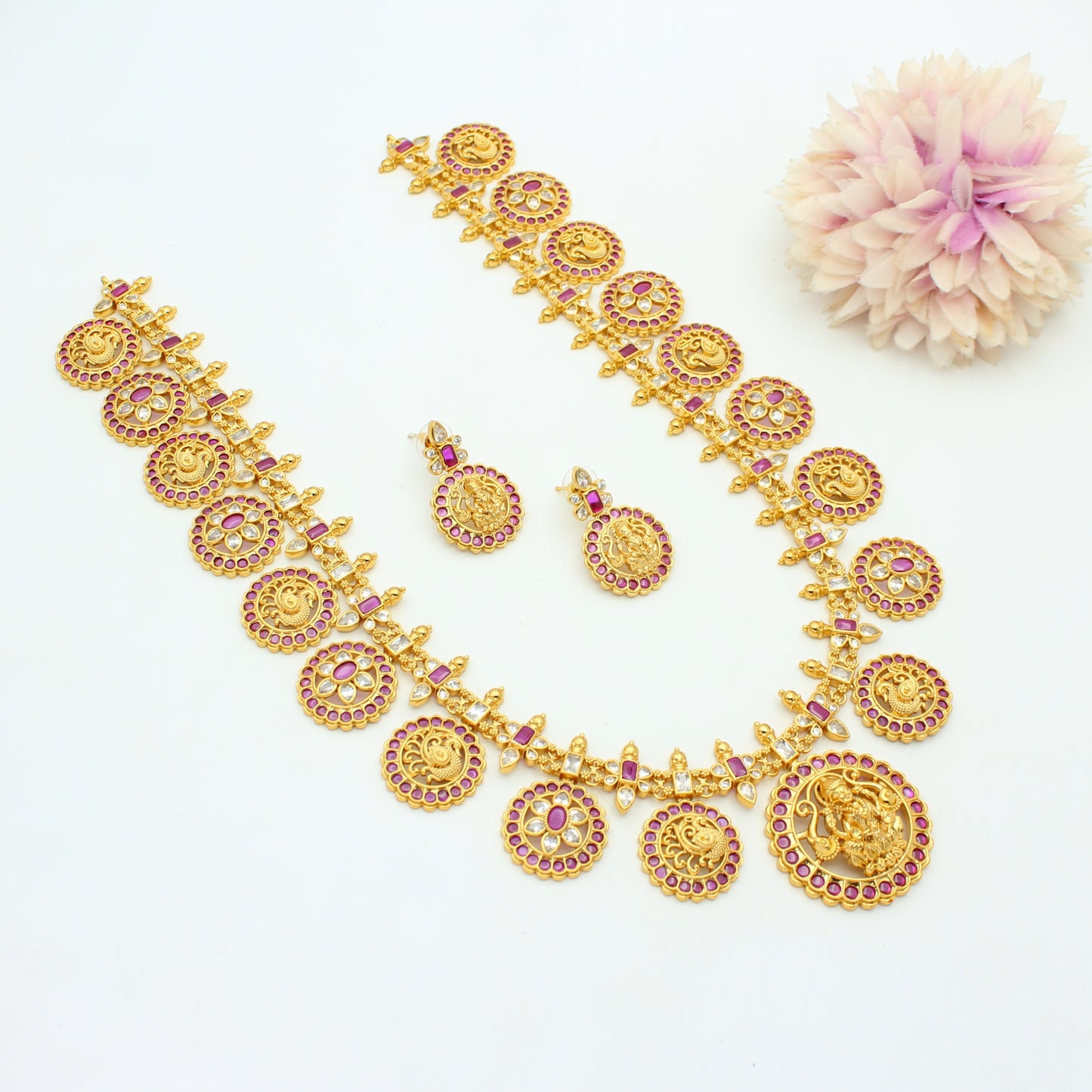 42394 Nakshi Laxmi Ruby Stone Bottumala Long With Push Back Earrings