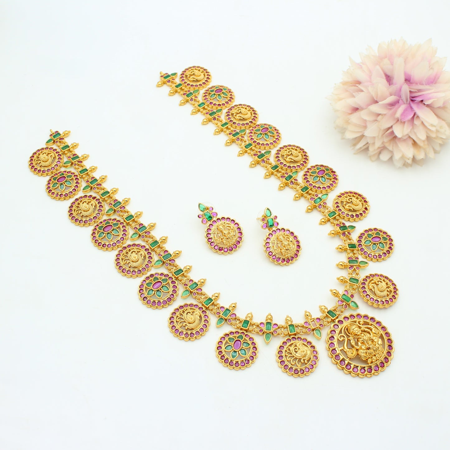 42392 Nakshi Laxmi Bottumala Multi Stone Long Necklace Set With Push Back Earrings