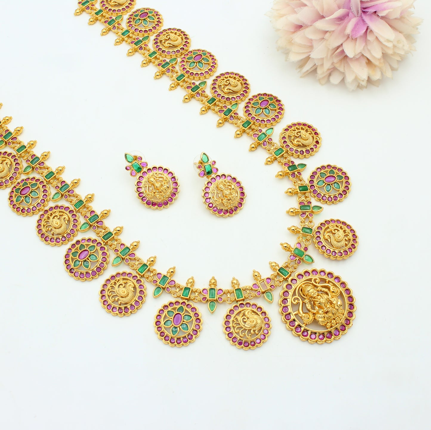 42392 Nakshi Laxmi Bottumala Multi Stone Long Necklace Set With Push Back Earrings