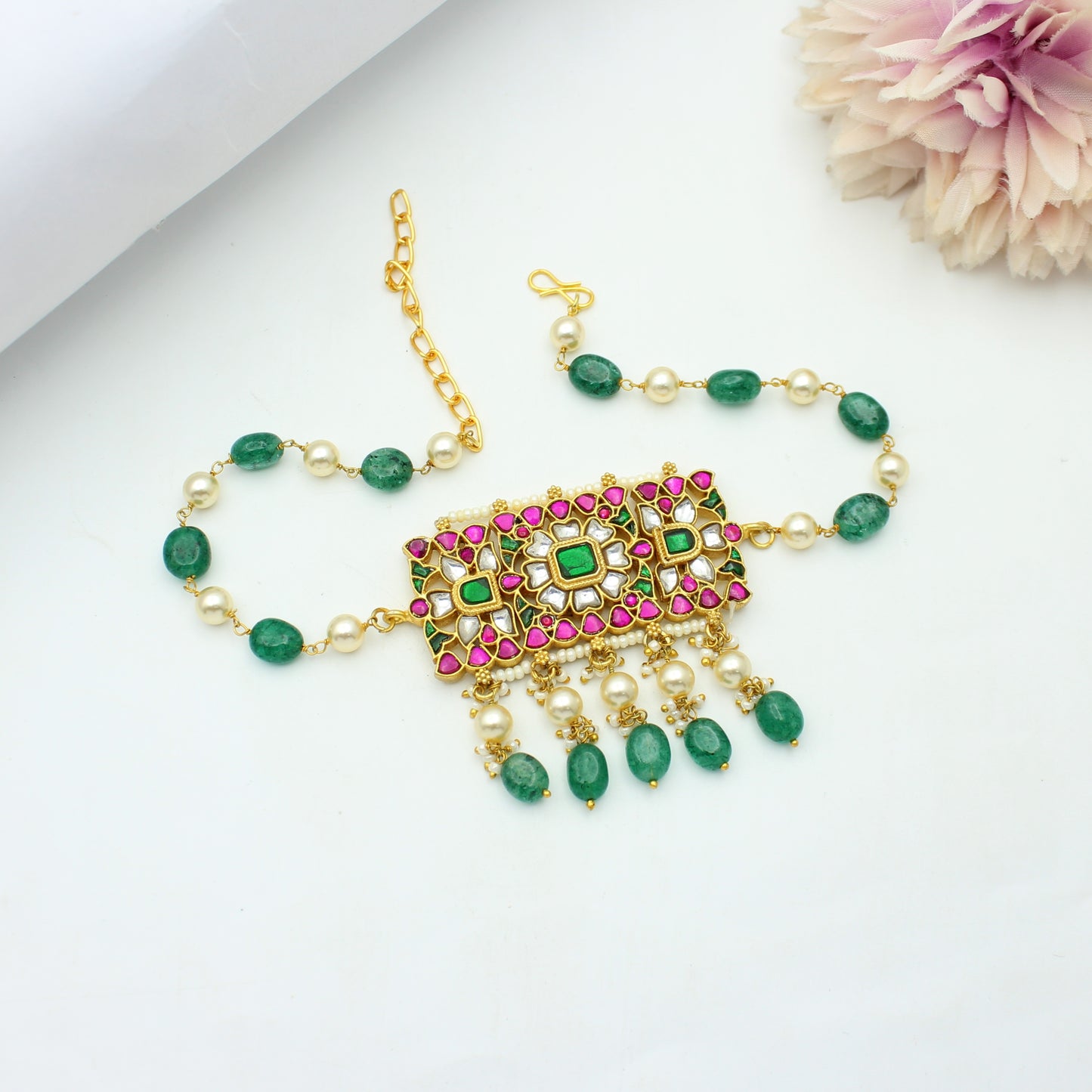 Jadau Square Green Stone Choker