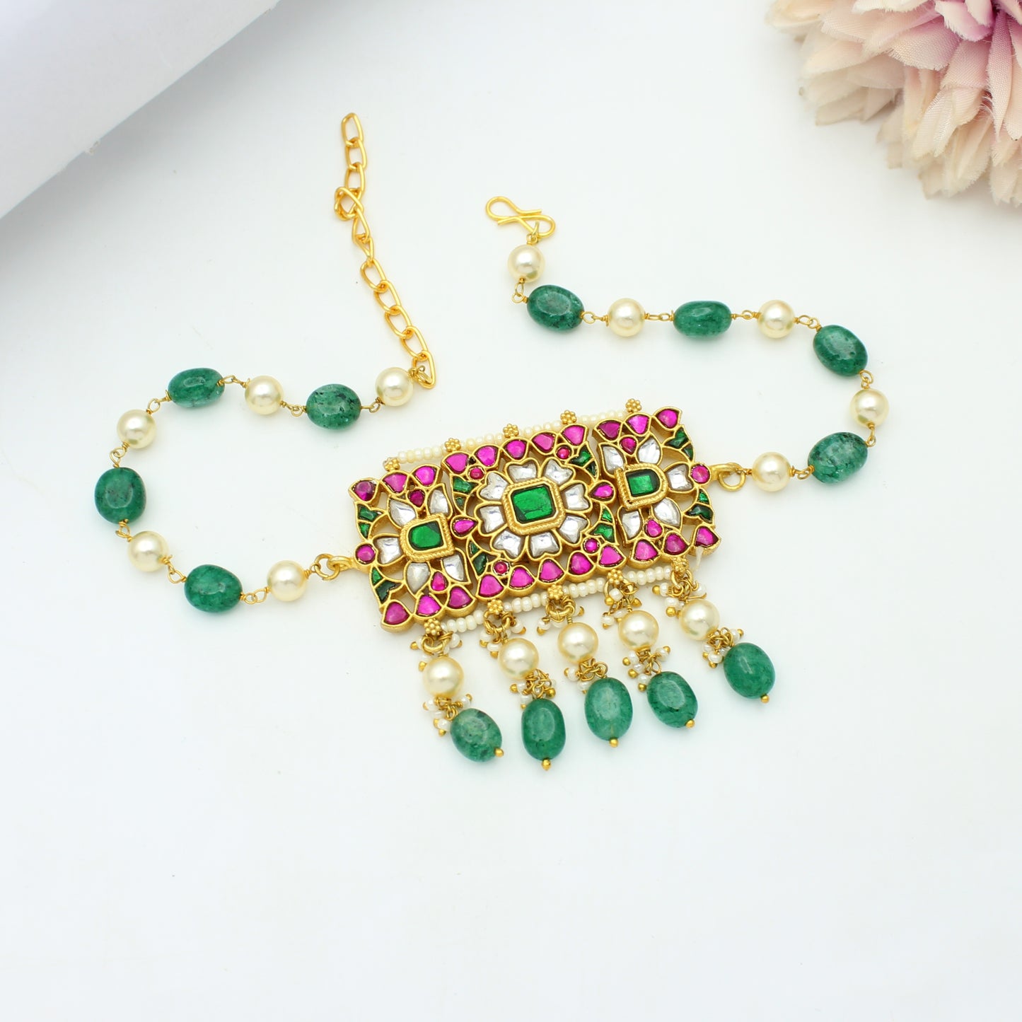 Jadau Square Green Stone Choker