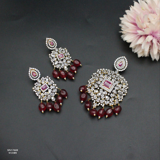 17608 Victorian Red Square Stone Pendant Set With Openable Hook and Push Back Earrings