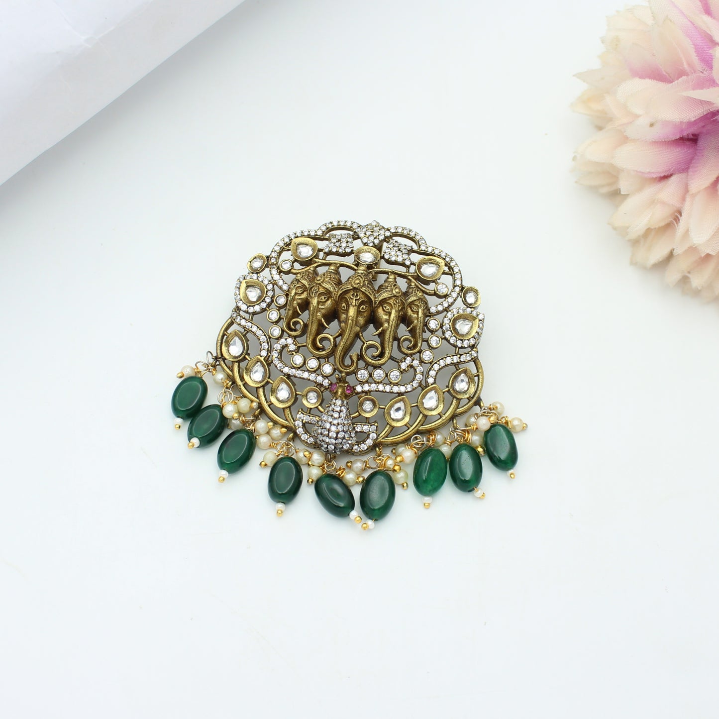 22147 Victorian Ganesh Green Pendant Set With Openable Hook