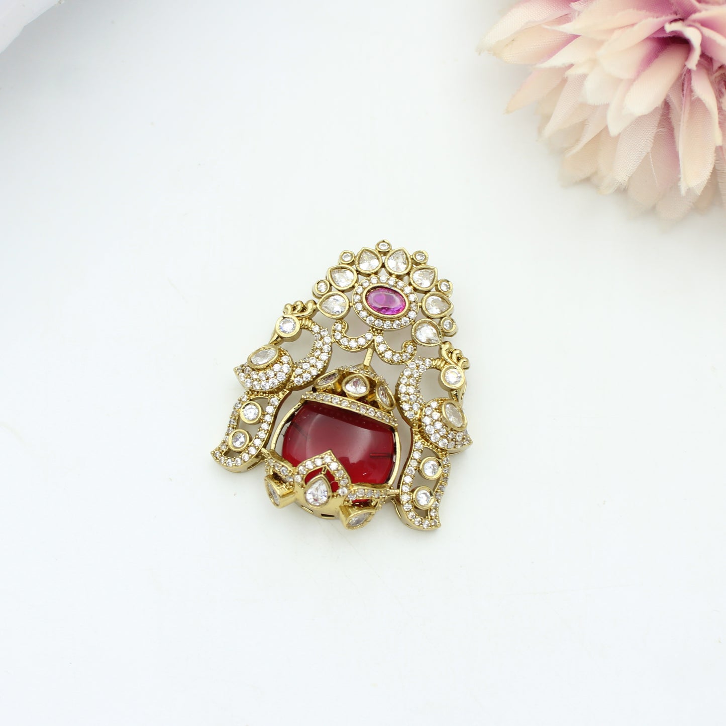 39966 Victorian Red Peacock Pendant Set With Openable Hook and Push Back Earrings
