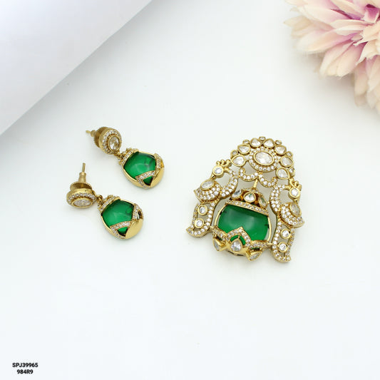 39965 Victorian Double Peacock Green Stone Pendant Set Openable Hook With Push Back Earrings