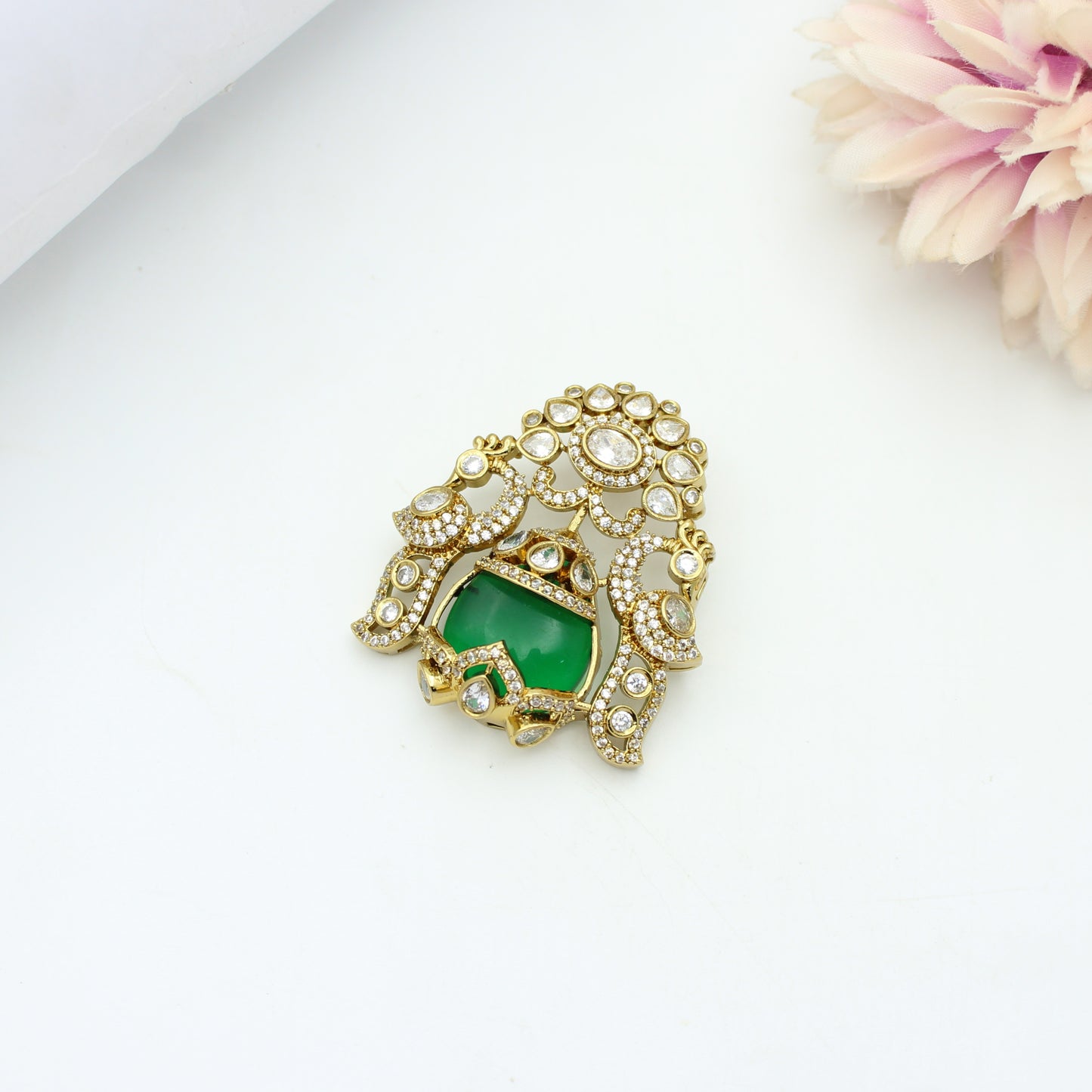 39965 Victorian Double Peacock Green Stone Pendant Set Openable Hook With Push Back Earrings