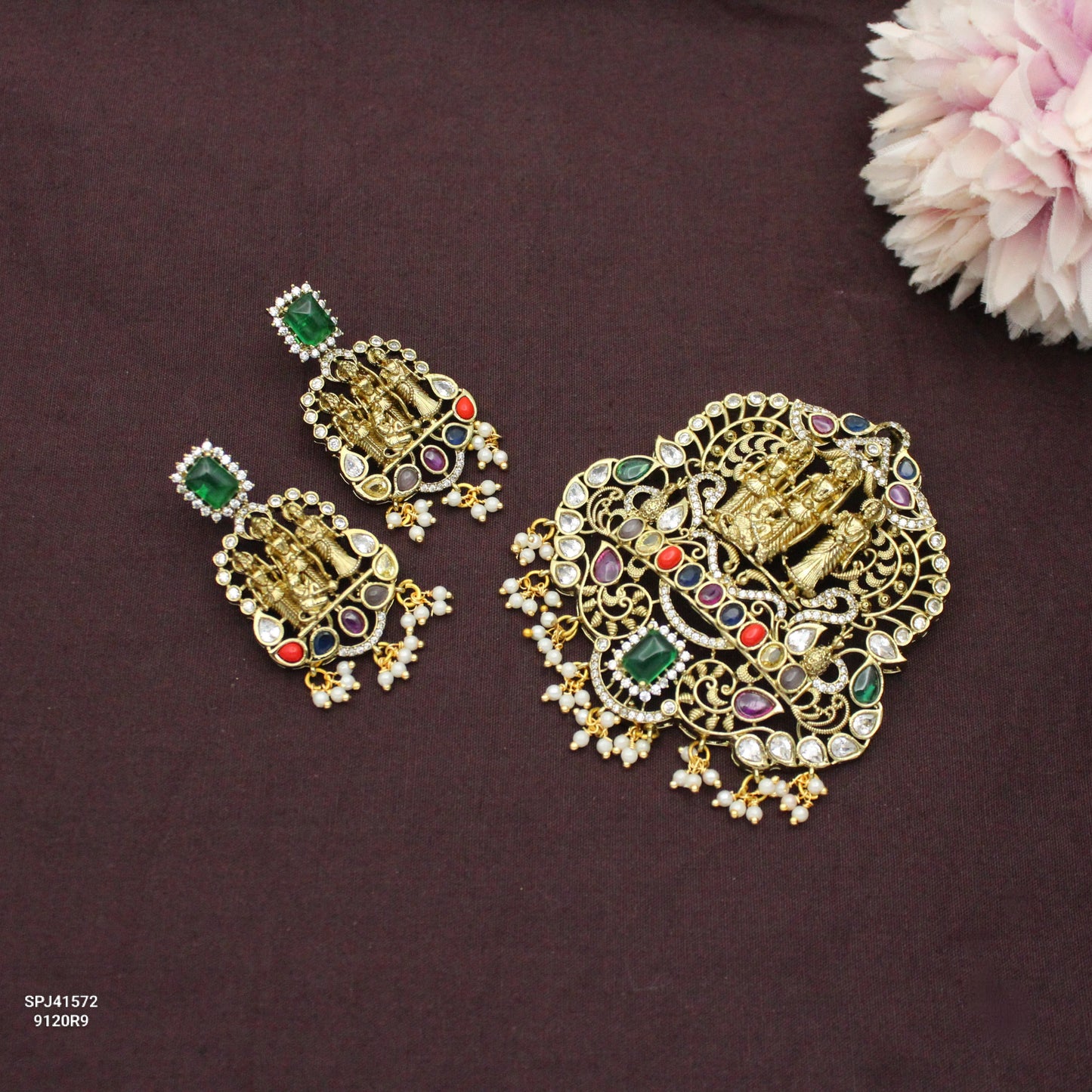 41572 Victorian Multi Stone Ramaparivar Grand Pendant Set Openable Hook With Push Back Earrings