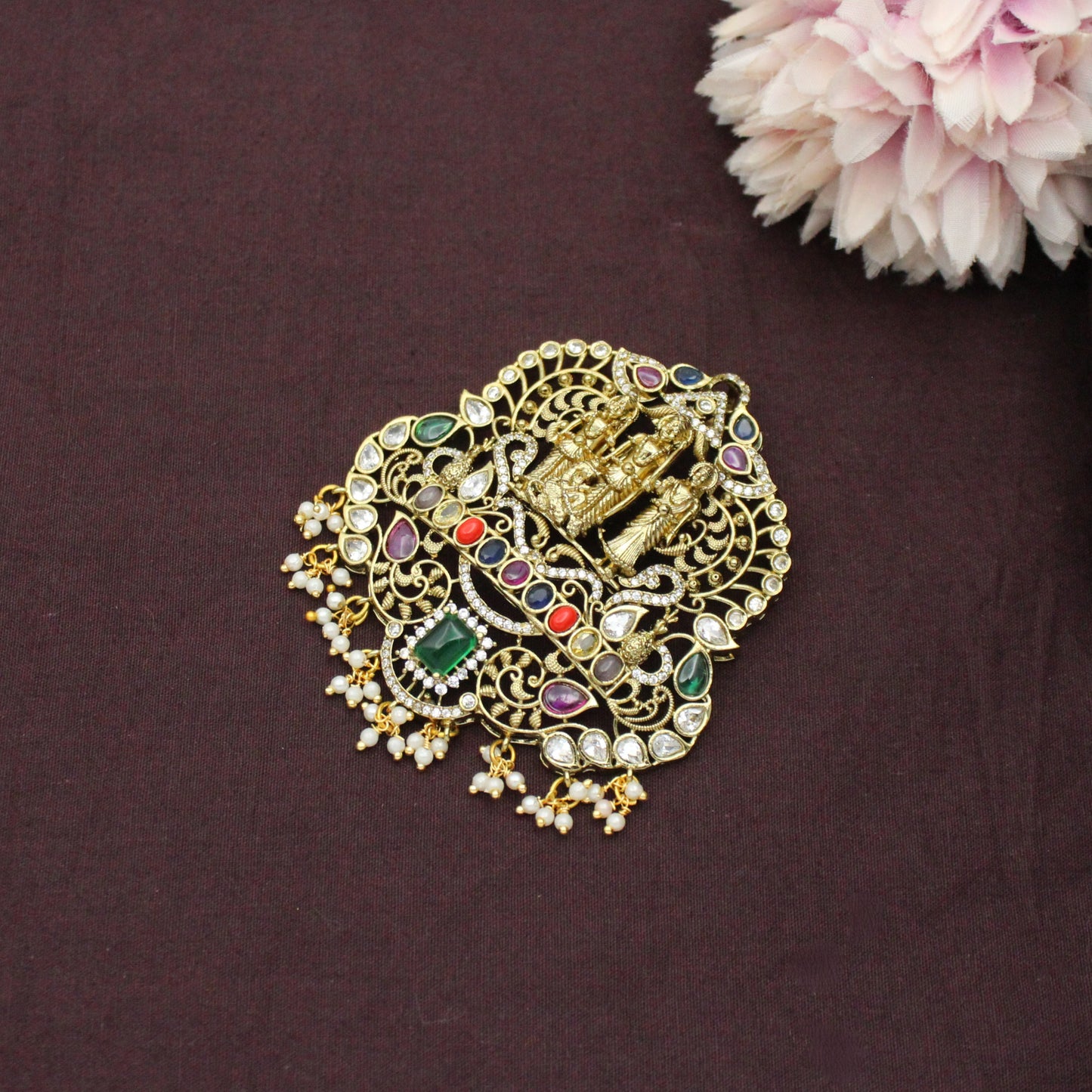 41572 Victorian Multi Stone Ramaparivar Grand Pendant Set Openable Hook With Push Back Earrings