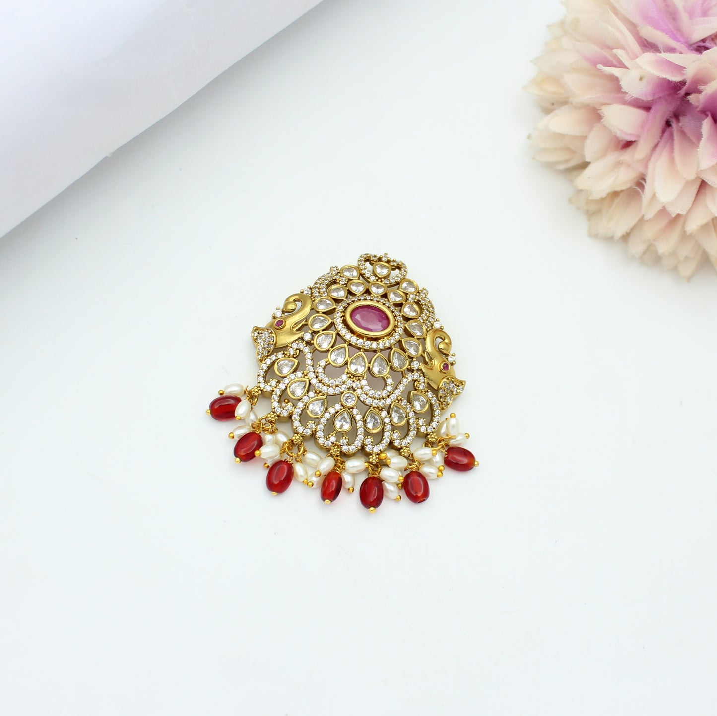 32015 Victorian Double Elephant Red Pendant Set With Openable Hook and Push Back Earrings