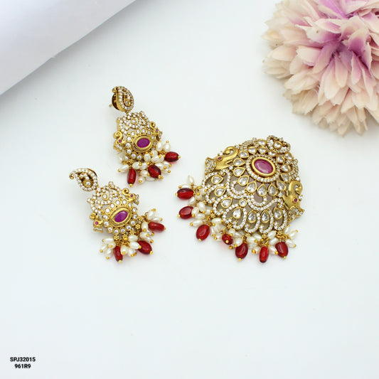 32015 Victorian Double Elephant Red Pendant Set With Openable Hook and Push Back Earrings