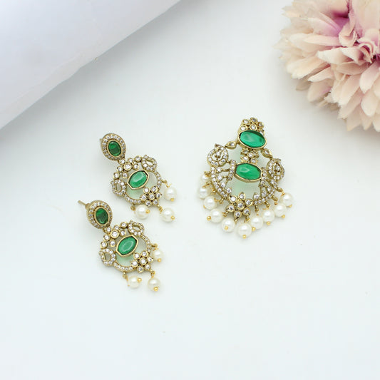 40417 Victorian Green Stone Pendant Set Openable Hook With Push Back Earrings