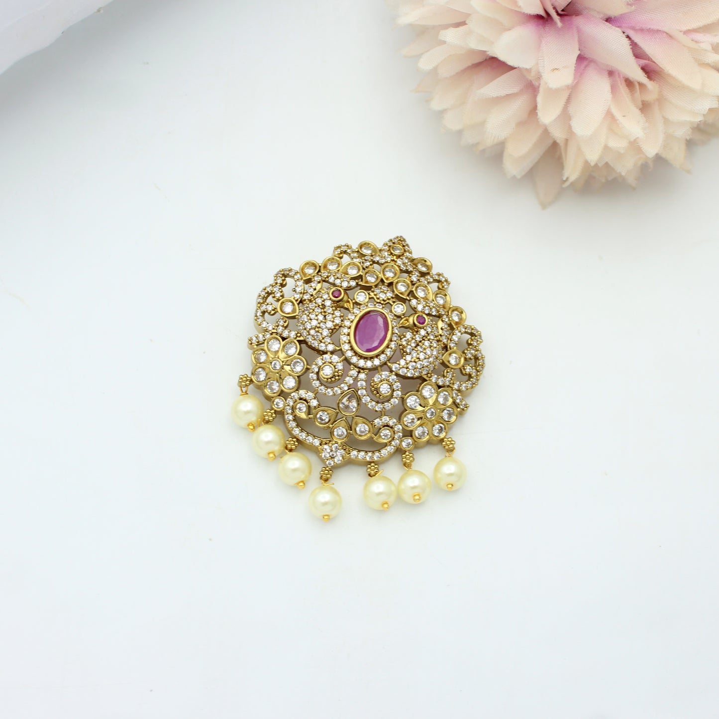41087 Victorian Peacock Dark Pink Pendant Set Openable Hook And Push Back Earrings