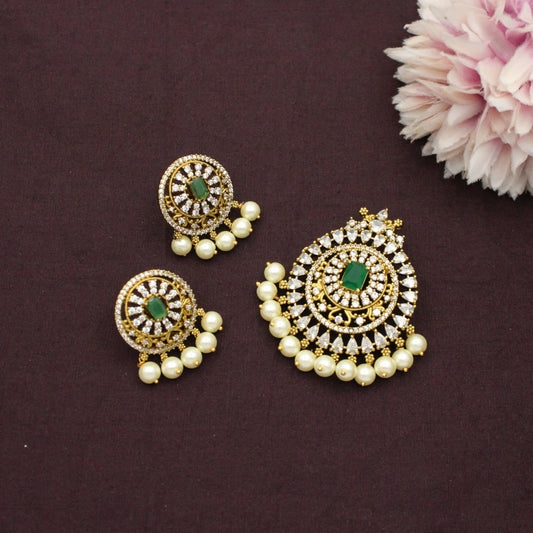 38577 Victorian Green Stone Pendant Set Openable Hook With Push Back Earrings