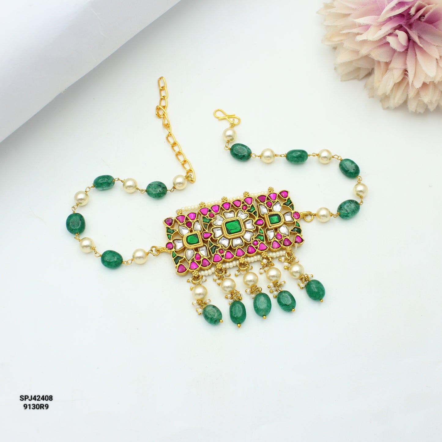 42408 Jadau Square Green Stone Choker