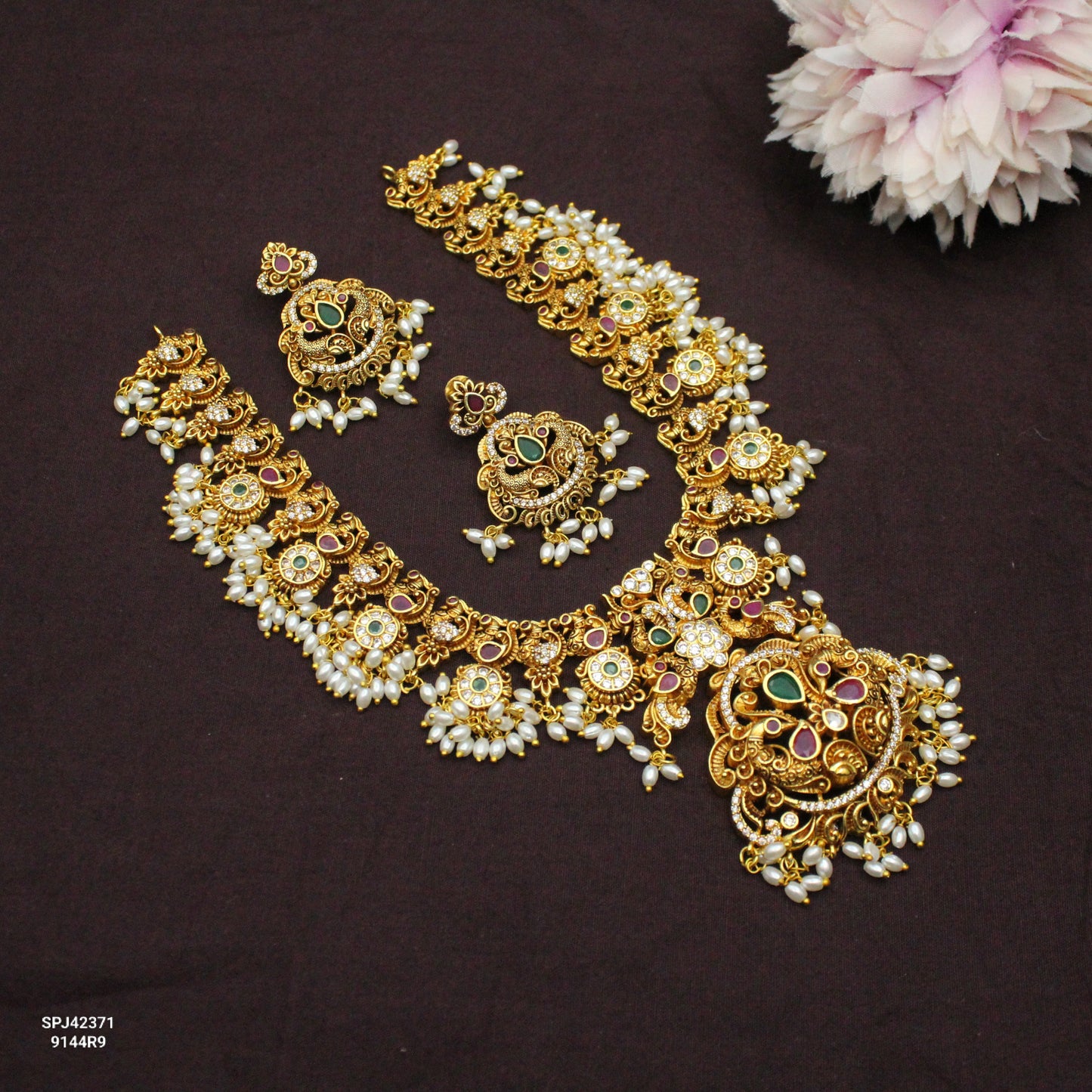 42371 Nakshi Peacock Guttapusalu Short Necklace Set With Screw Back Earrings