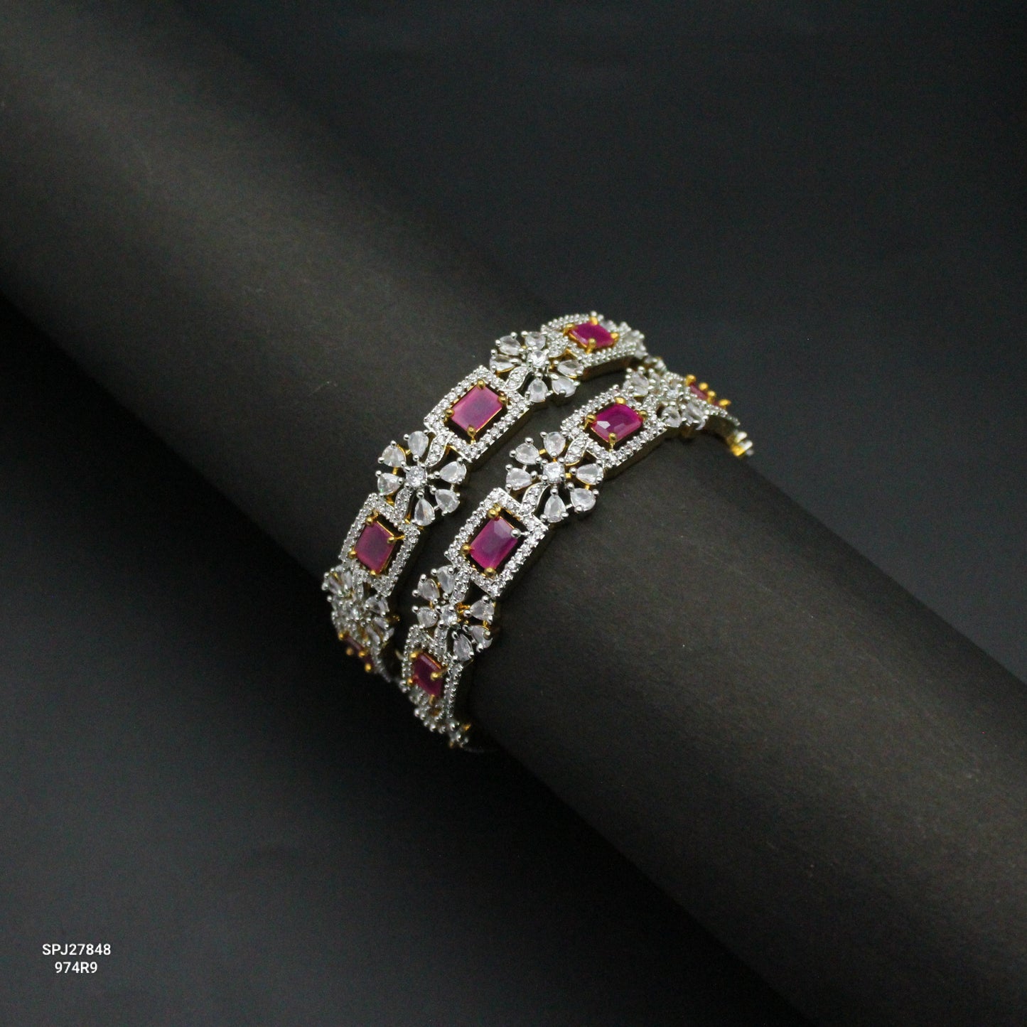 27848 Diamond Look Ruby Square Stone Floral Bangles 2'6
