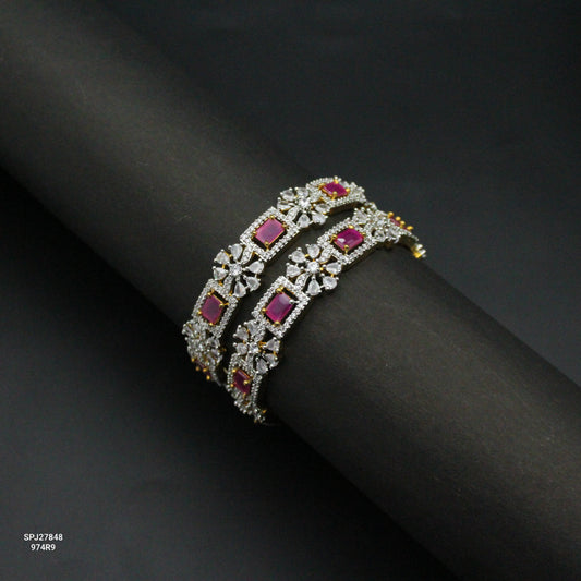 27848 Diamond Look Ruby Square Stone Floral Bangles