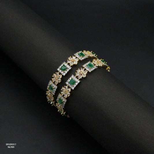 39317 Gold Polish Square Stone Green Bangles