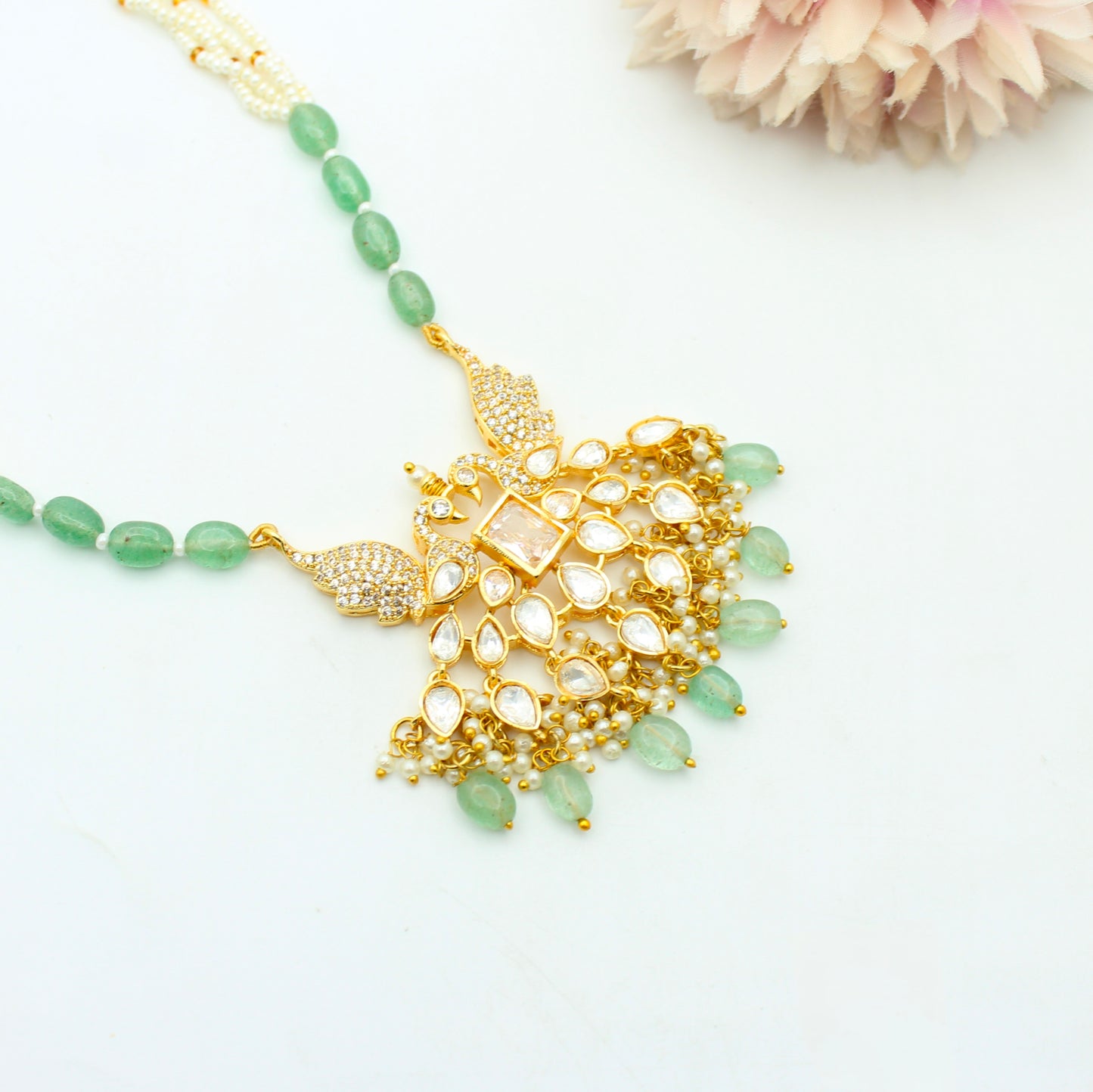 42413 Poth & Russian Beads Mala With Peacock White