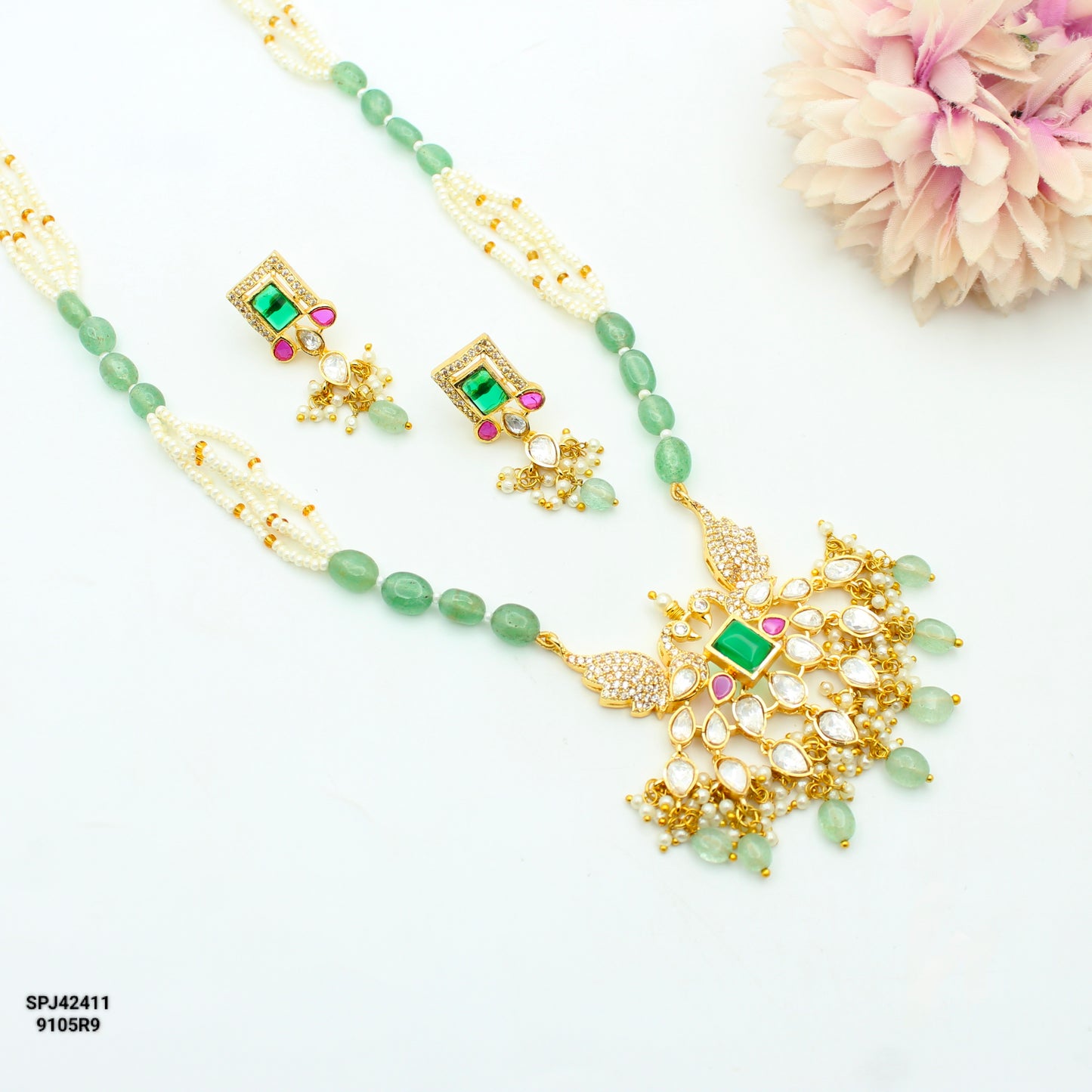 4241 Poth & Russian Beads Mala With Peacock Multi
