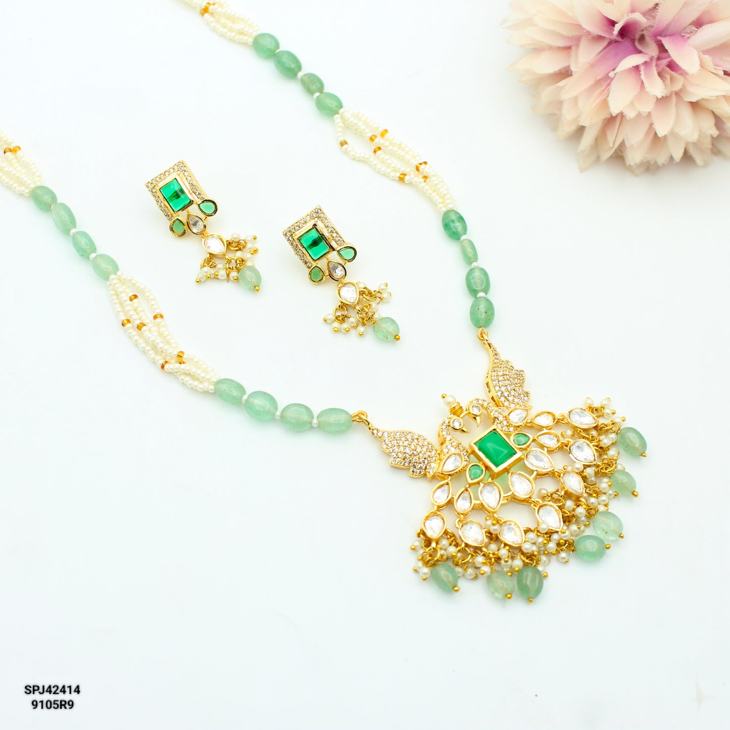 42414 Poth & Russian Beads Mala With Peacock Green