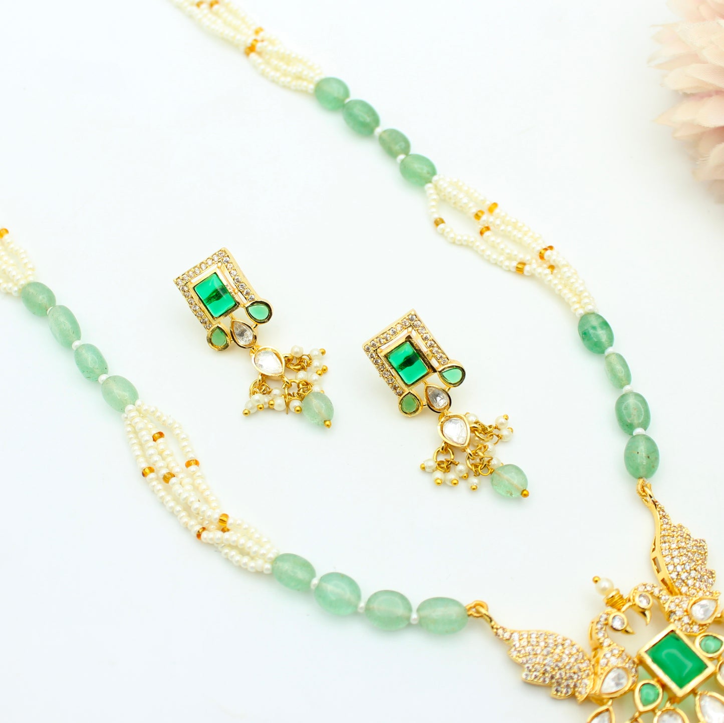 42414 Poth & Russian Beads Mala With Peacock Green
