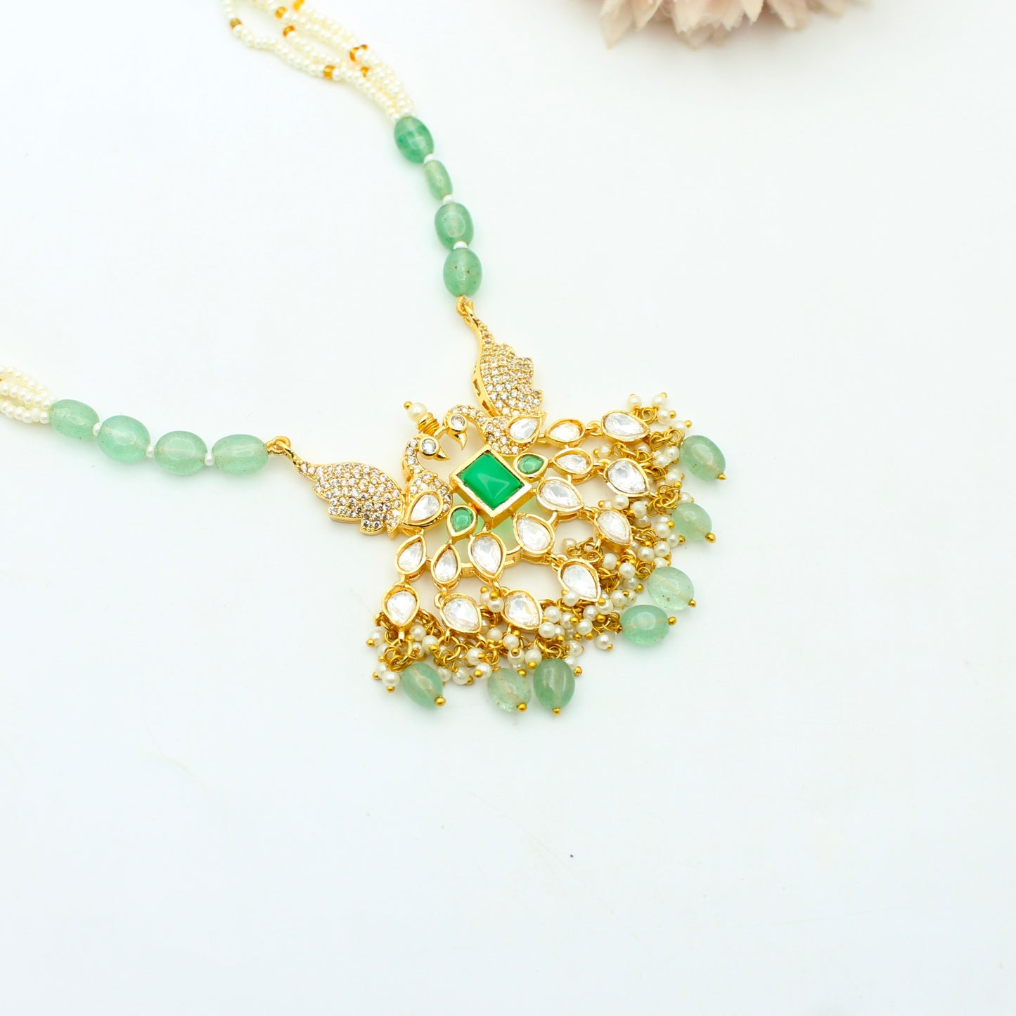 42414 Poth & Russian Beads Mala With Peacock Green