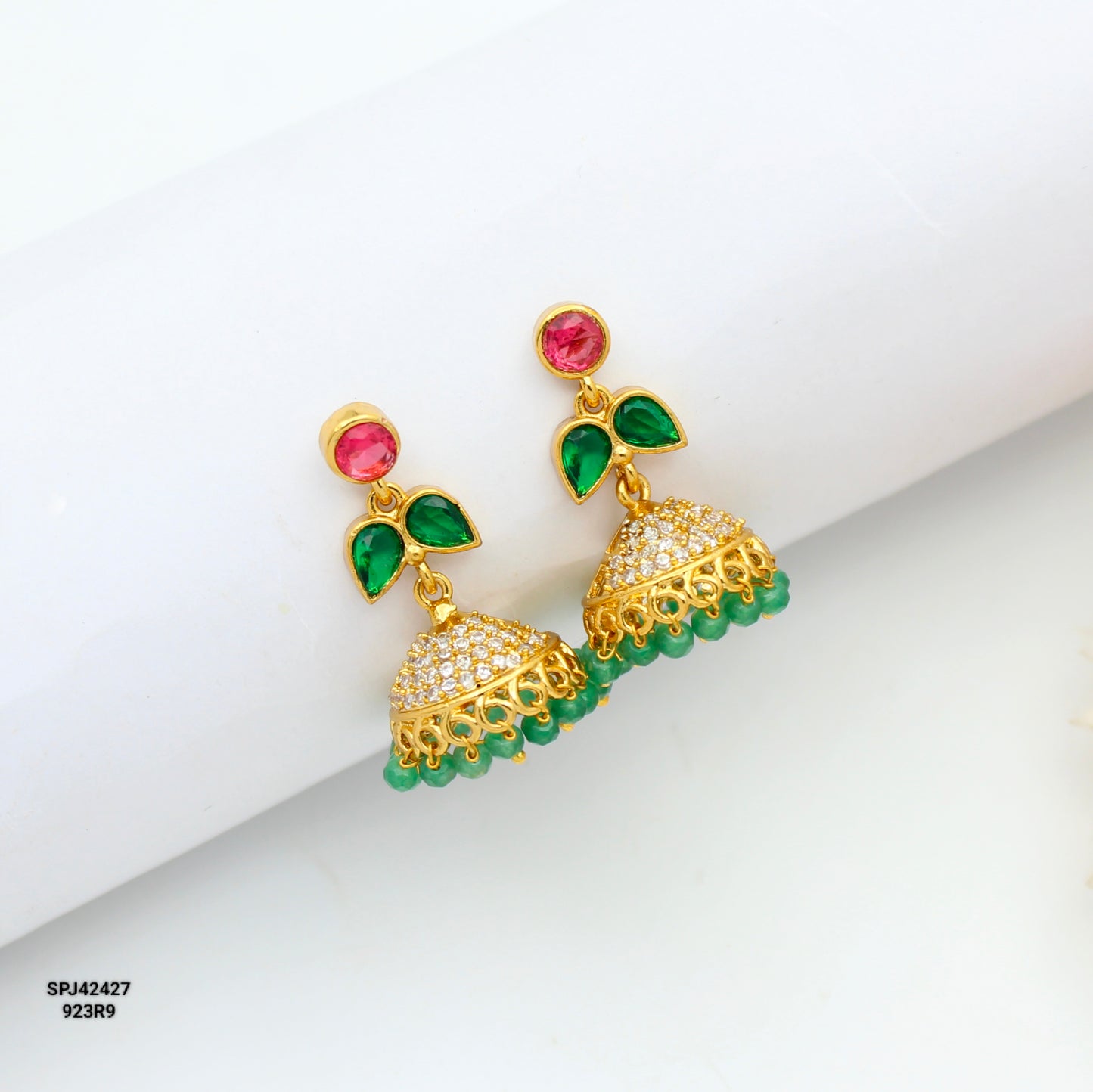 42427 Small Jhumki With Green Beads
