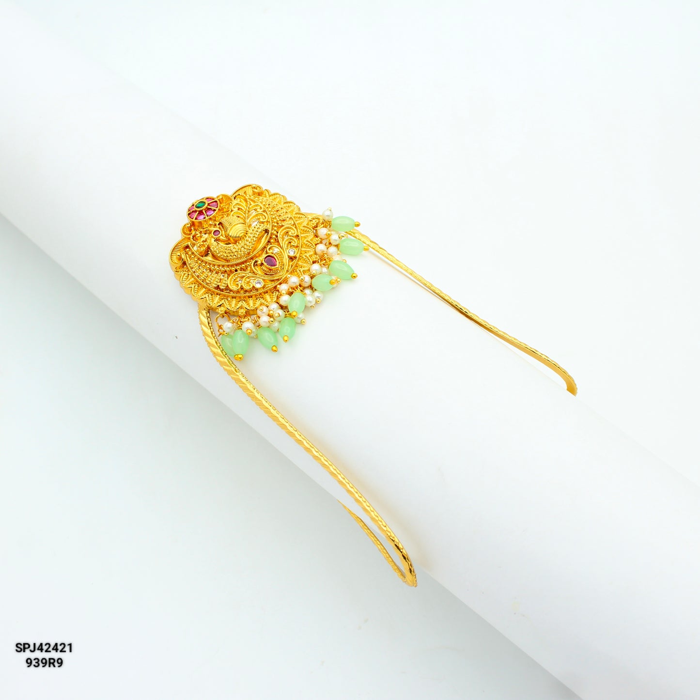 42421 Nakshi Peacock Arra Vanki With Mint Green Beads