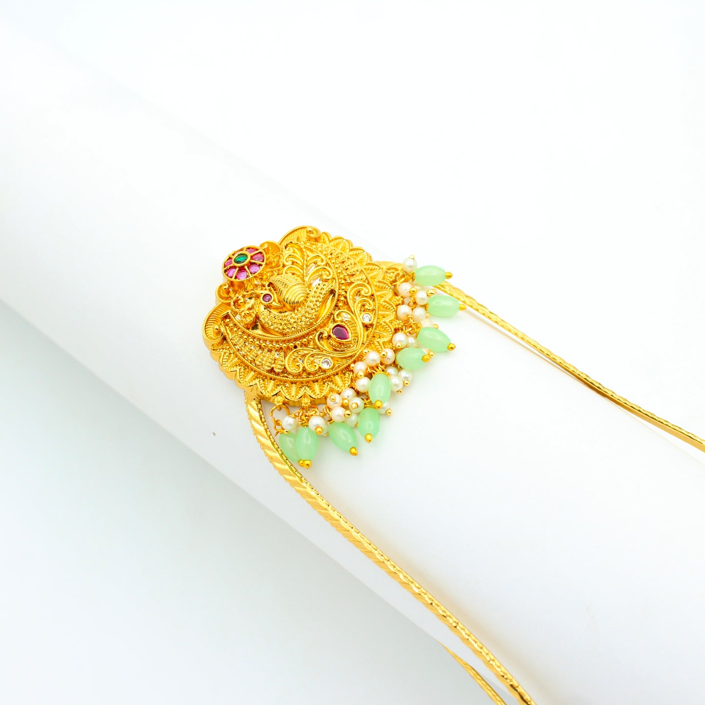 42421 Nakshi Peacock Arra Vanki With Mint Green Beads