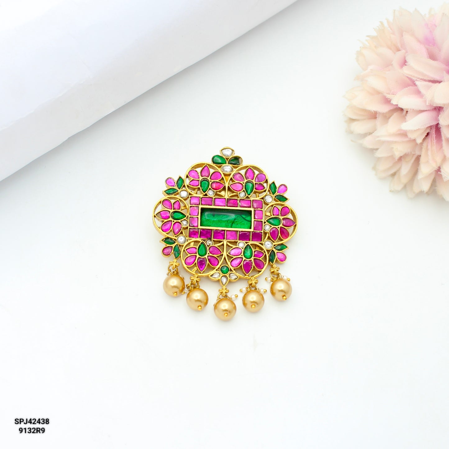 42438 Jadau Green Stone Locket With Golden Balls Openable Hook