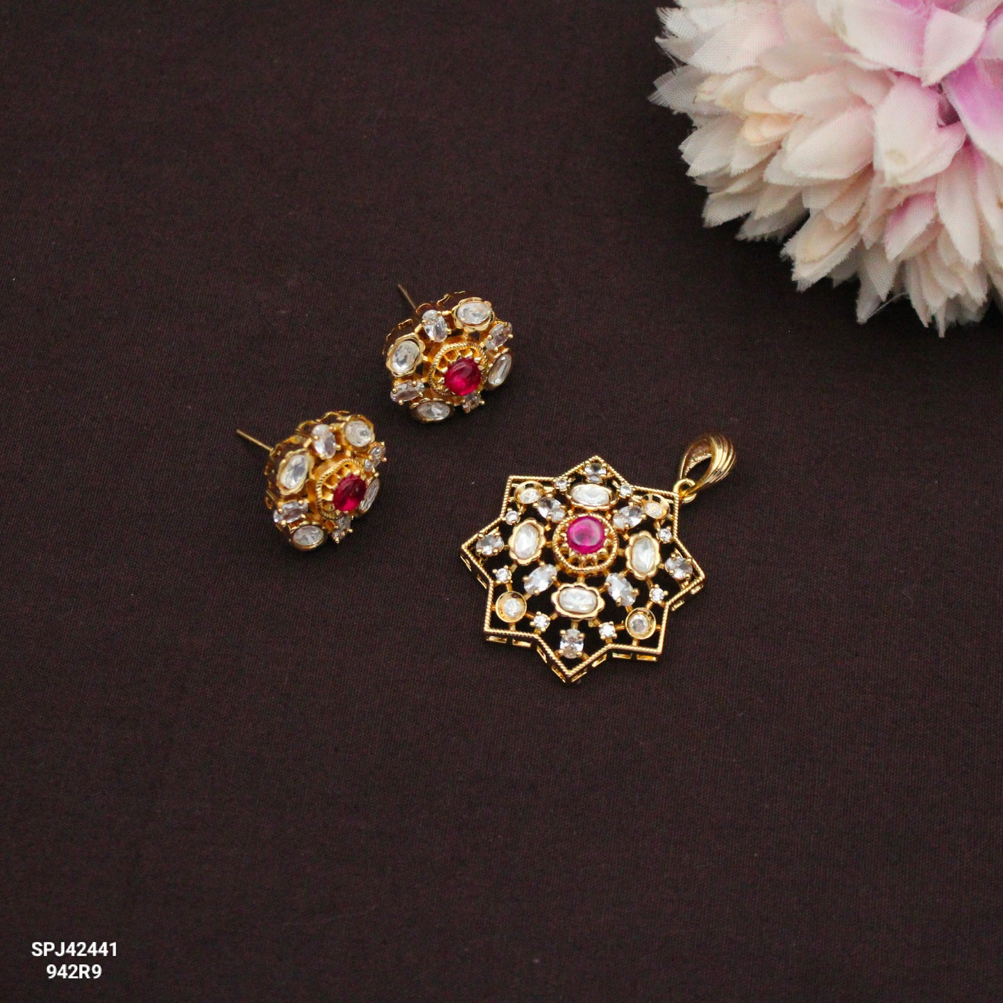 42441 Ruby Pendant Set With Push Back Earrings