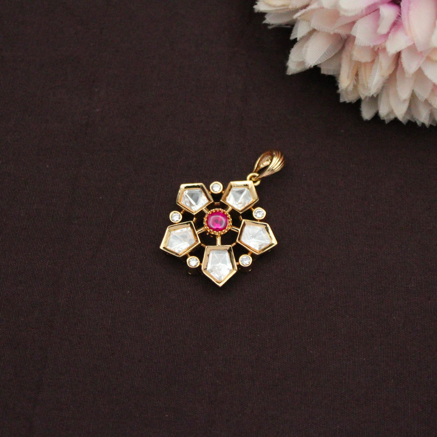 42444 Red Floral Pendant Set With Push Back Earrings
