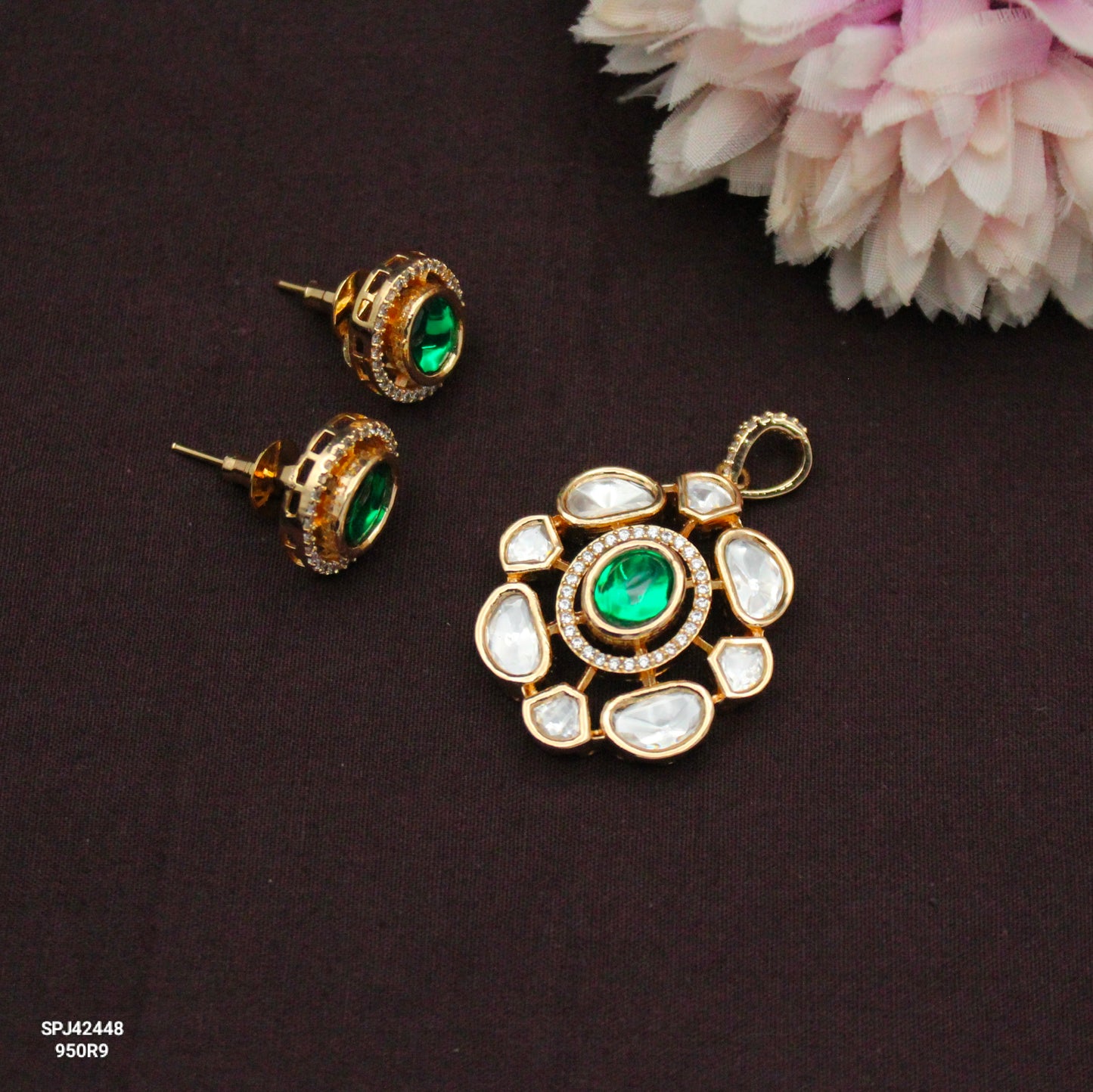 42448 Moissanite Green Pendant Set Push Back Earrings