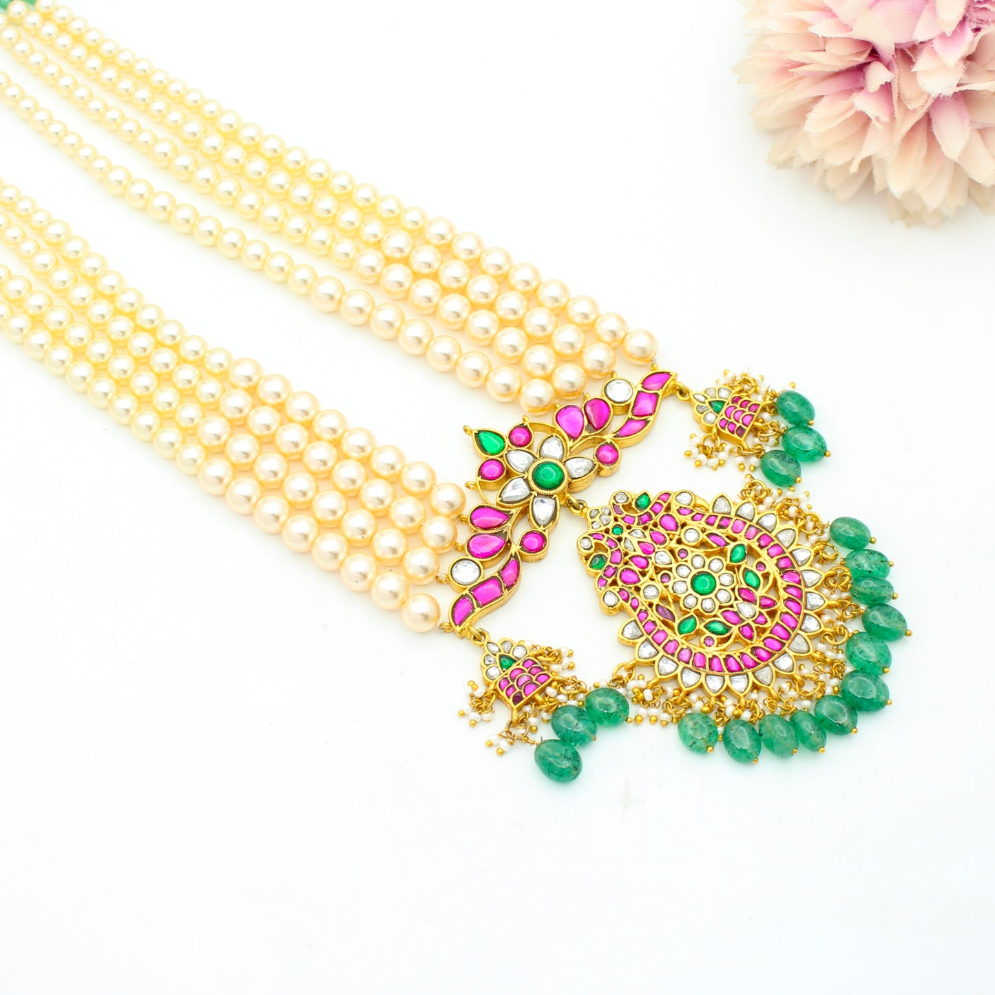 4 Lines Swarovski Beads Mala Green Onex Beads with Jadau Locket – 42317