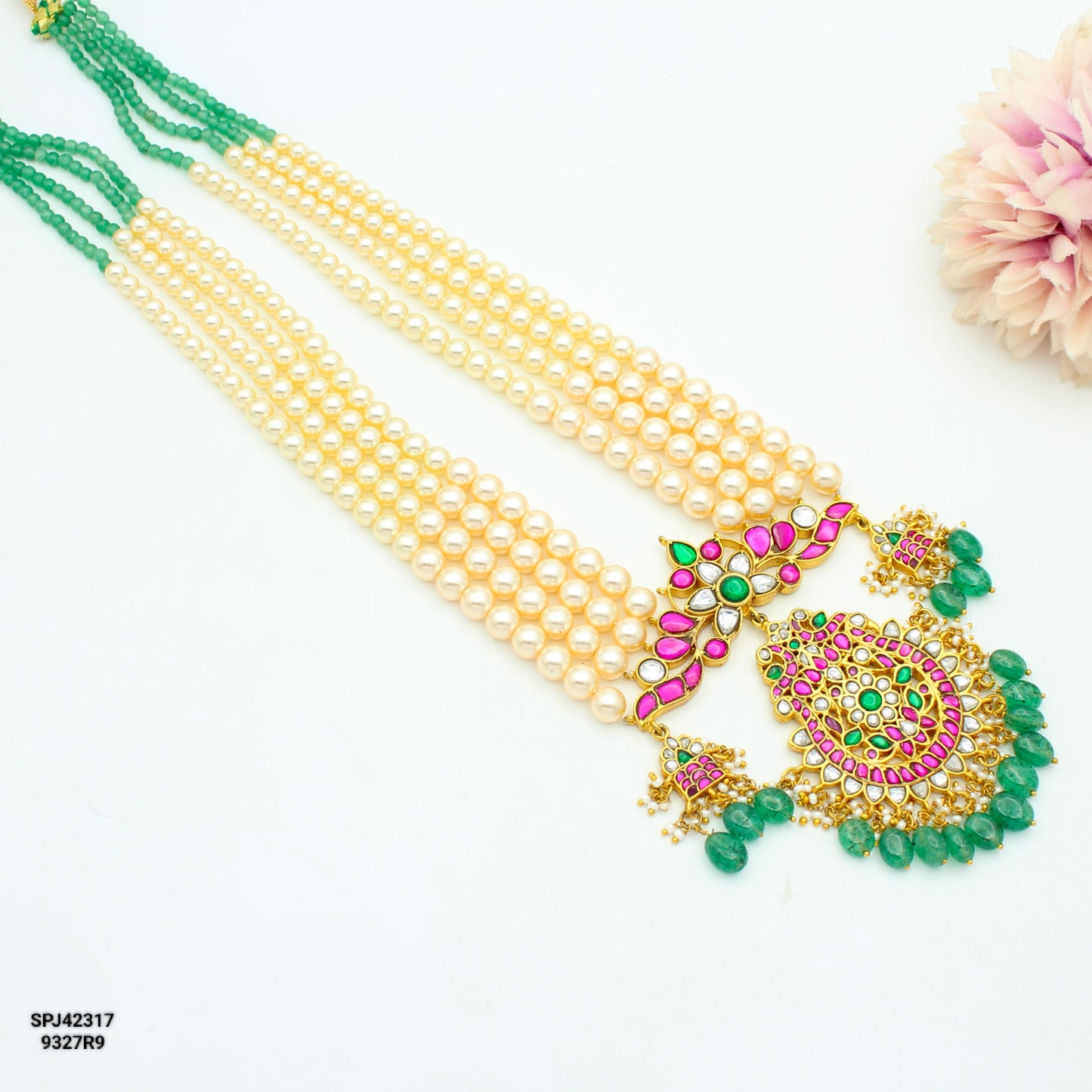 4 Lines Swarovski Beads Mala Green Onex Beads with Jadau Locket – 42317