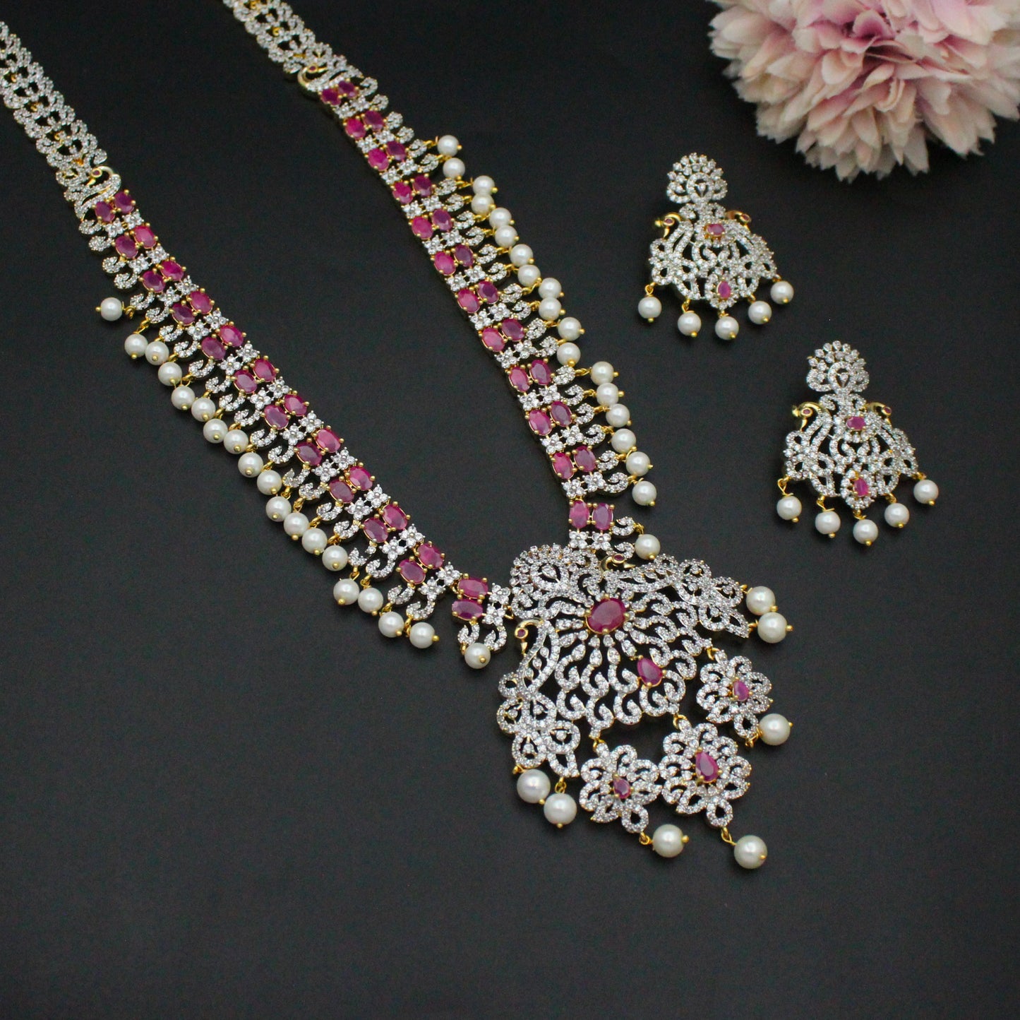 20322 GJ Ruby Long Necklace Set Screw Back