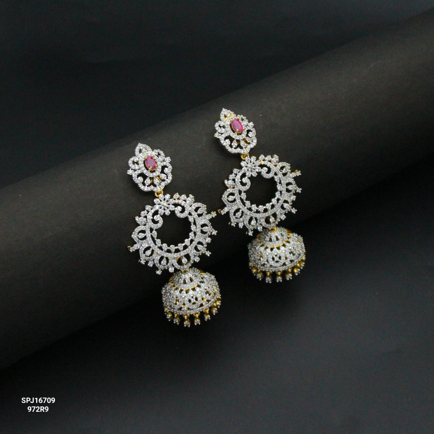 16709 Diamond Look Ruby Stone 4 In 1 Jhumkas