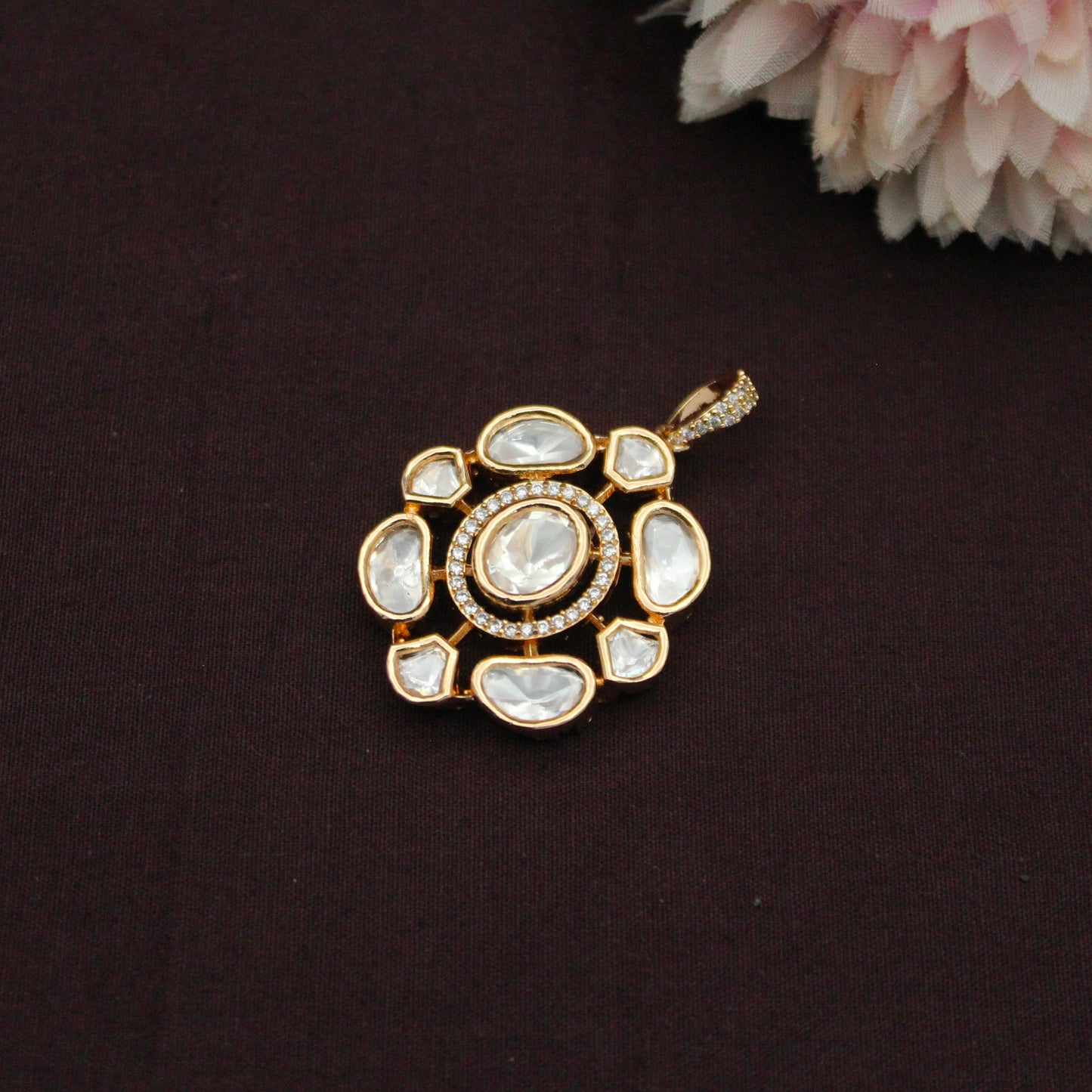 42449 Moissanite Rose Rold Flower Full White Pendant Set With Push Back Earrings
