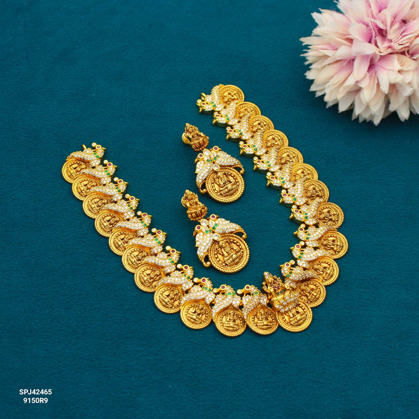 42465 Nakshi Laxmi Kasulu With Parrot Short Necklace Set With Screw Back Earrings