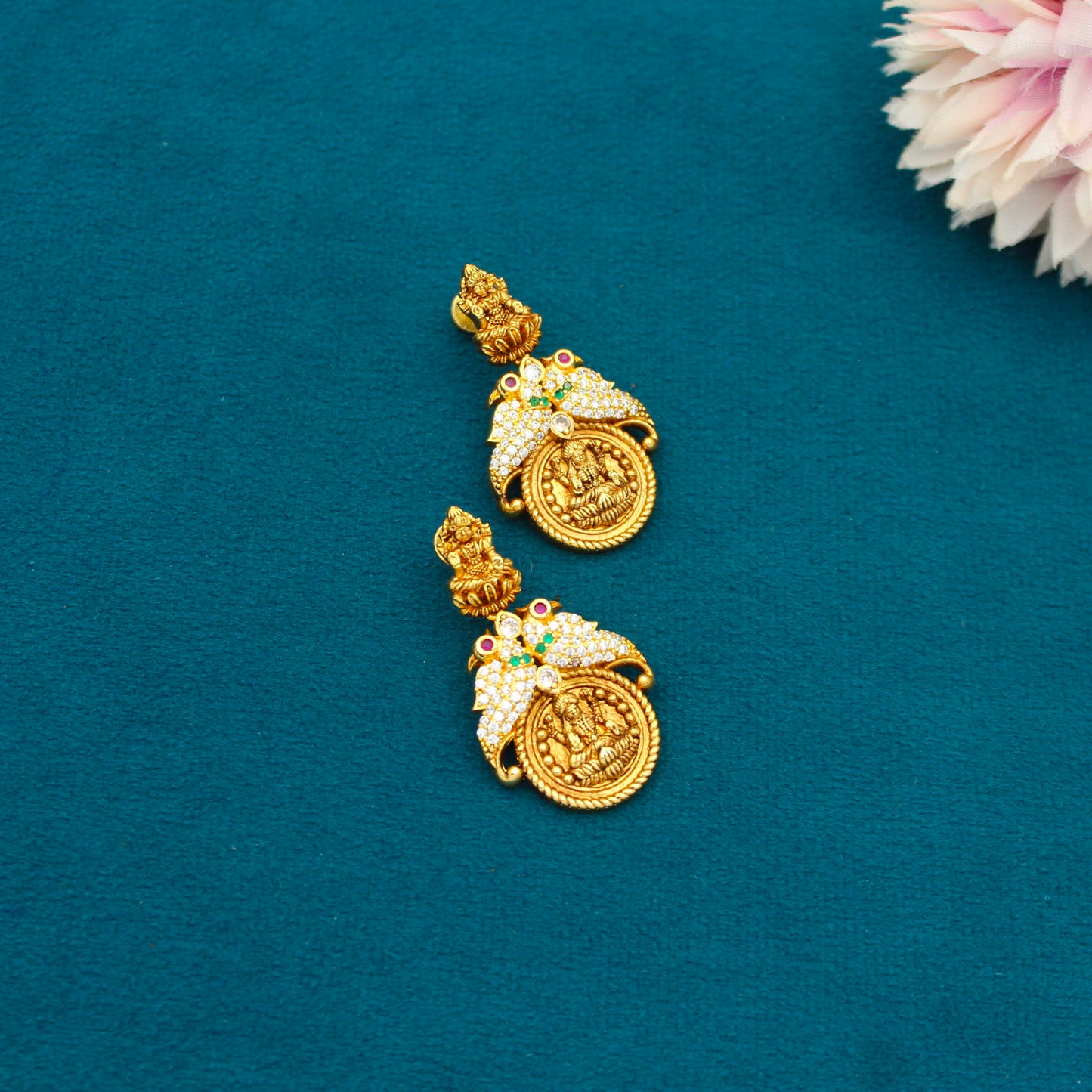 42465 Nakshi Laxmi Kasulu With Parrot Short Necklace Set With Screw Back Earrings
