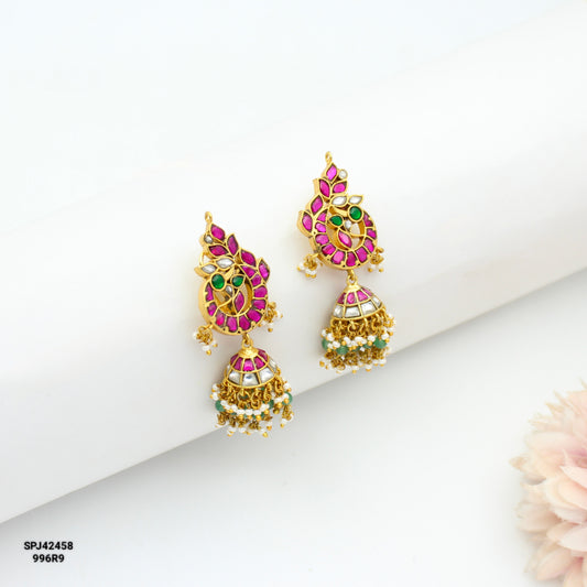 42458 Jadau Peacock Jhumki With Screw Back