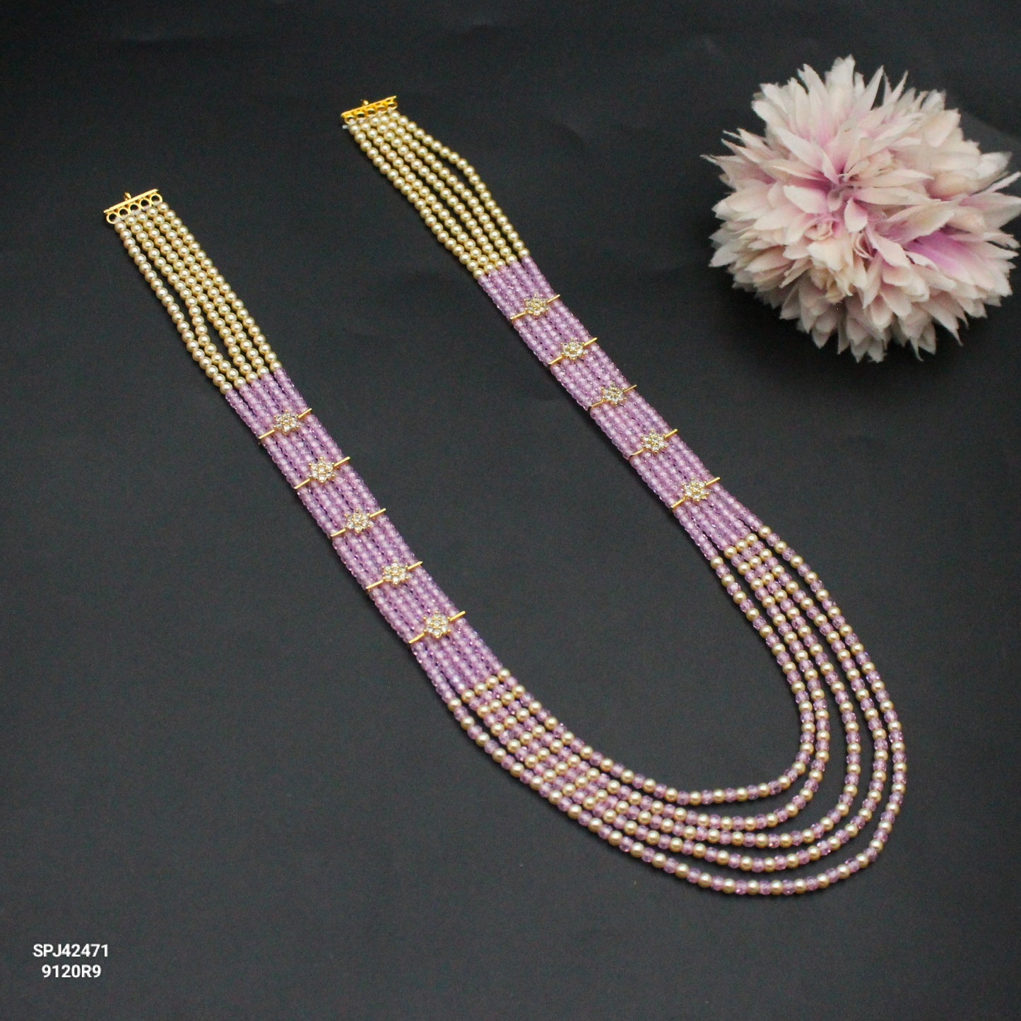42473 5 Lines Swarovski Pearls & Sugar Beads Mala Rani Pink