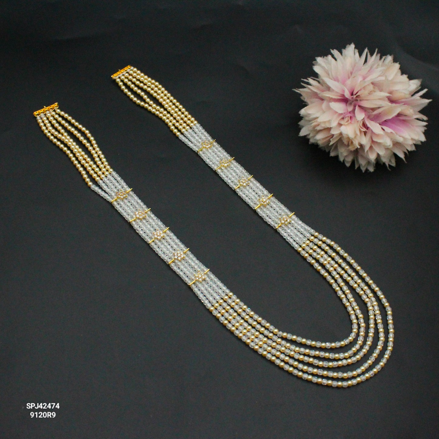 42474 5 Lines Swarovski Pearls & Sugar Beads Mala White